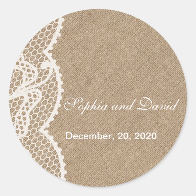 Rustic Burlap and Lace Wedding Favour Monogram Classic Round Sticker (Front)