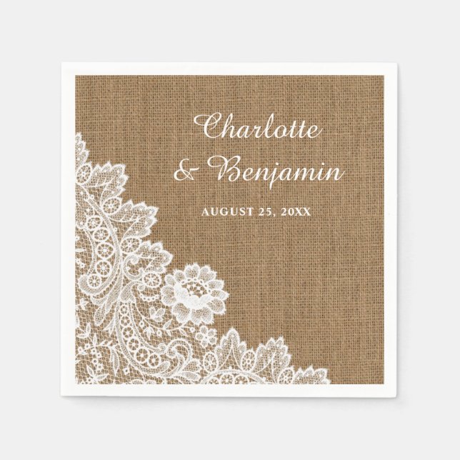 Rustic Burlap and Lace Wedding Napkins (Front)