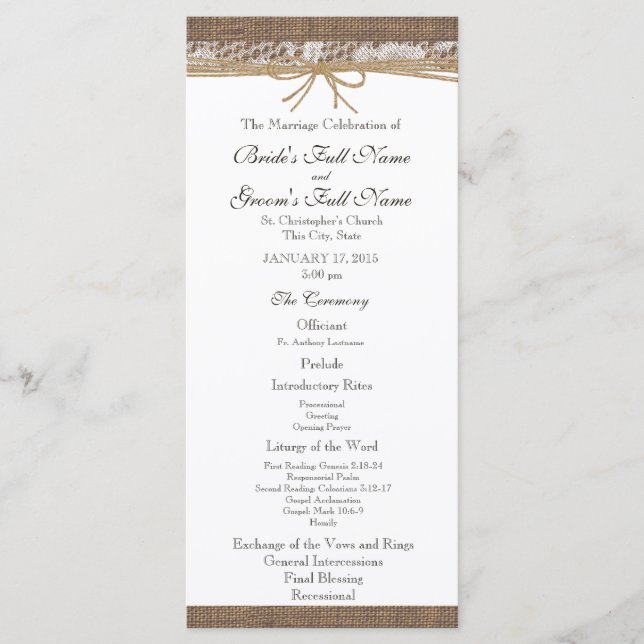 Rustic Burlap and Twine Wedding Program (Front)