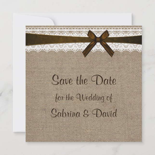 Rustic Burlap and Vintage Lace Save the Date (Front)