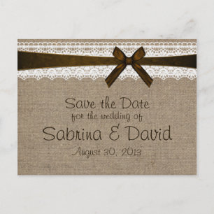 Rustic Burlap and Vintage Lace Save the Date Announcement Postcard