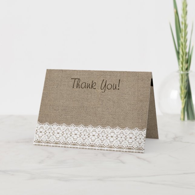 Rustic Burlap and Vintage Lace Thank You Card (Front)