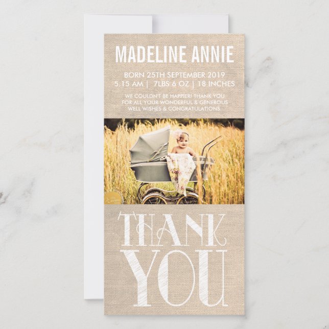 Rustic Burlap Baby Birth Thank You Photo Card (Front)
