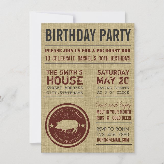 Rustic Burlap BBQ Birthday Party Invitations (Front)
