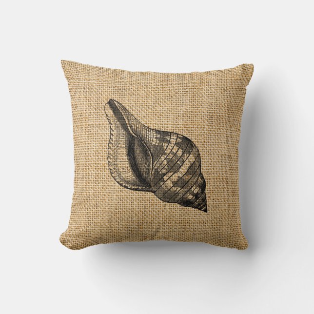 Rustic Burlap Beach Theme Seashells Throw Pillows (Front)