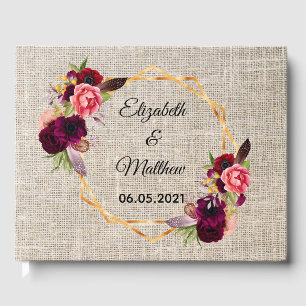 Rustic burlap beige floral burgundy wedding guest book