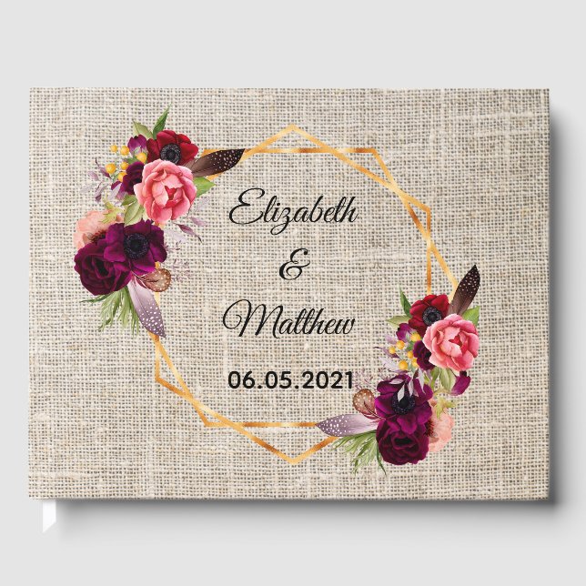 Rustic burlap beige floral burgundy wedding guest book (Front)