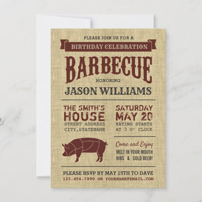 Rustic Burlap Birthday Party BBQ Invitations (Front)
