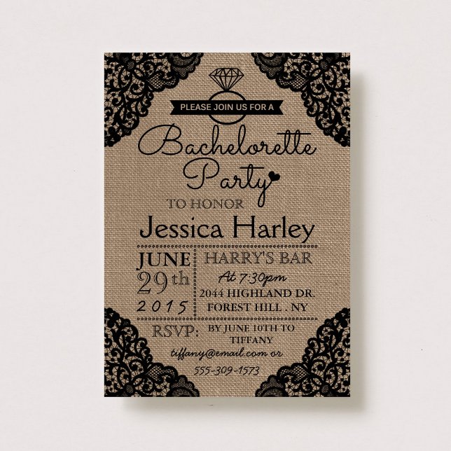 Rustic Burlap & Black Lace Bachelorette Party Invitation (Creator Uploaded)