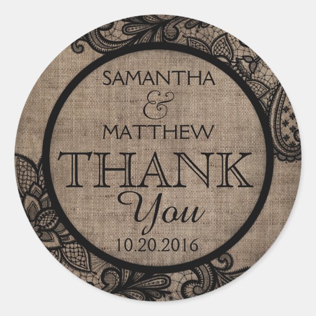 Rustic Burlap Black Lace Thank You Label (Front)