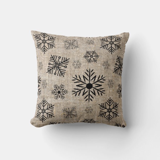 Rustic Burlap Black Snowflakes Christmas Cushion (Front)
