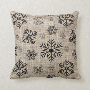 Rustic Burlap Black Snowflakes Christmas Cushion