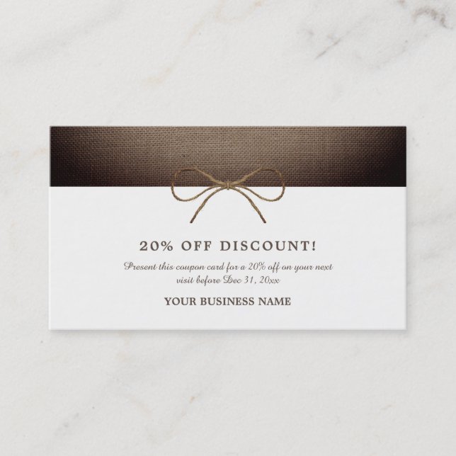 Rustic Burlap Bow, Discount Voucher Card (Front)