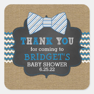 Rustic burlap bowtie thank you, boy baby shower square sticker