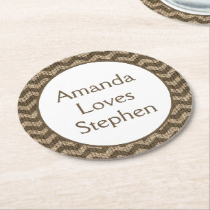 Rustic Burlap Brown Wedding Country Engagement Round Paper Coaster