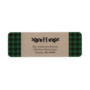 Rustic Burlap Buffalo Plaid Monogram Pine  Return Address Label