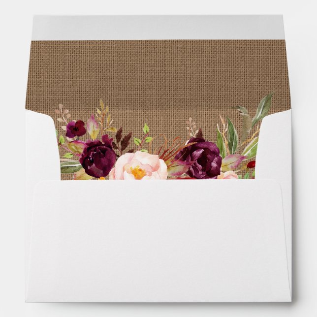 Rustic Burlap Burgundy Floral Invitation Envelope (Back (Bottom))
