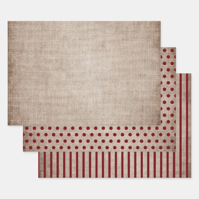 Rustic Burlap Burgundy Polka Dots Stripes Solid Wrapping Paper Sheet (Set)