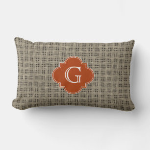 Rustic Burlap Burnt Orange Quatrefoil Monogram Lumbar Cushion