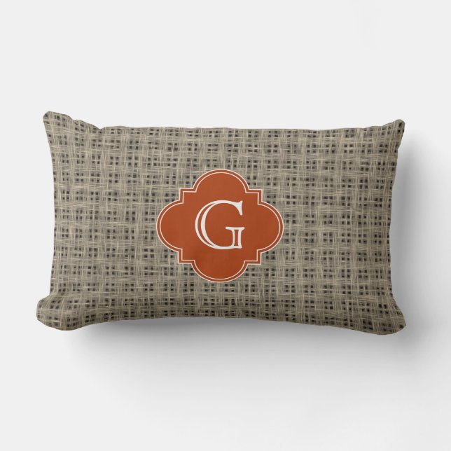 Rustic Burlap Burnt Orange Quatrefoil Monogram Lumbar Cushion (Front)