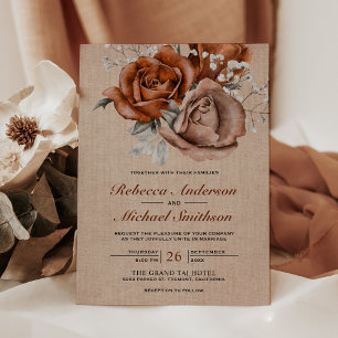 Rustic Burlap Burnt Orange Rose Terracotta Wedding Invitation