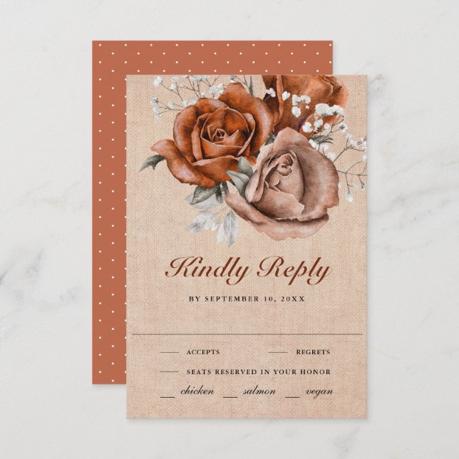 Rustic Burlap Burnt Orange Rose Terracotta Wedding RSVP Card (Front/Back)