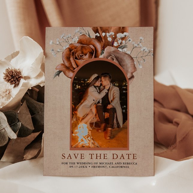 Rustic Burlap Burnt Orange Rose Terracotta Wedding Save The Date (Creator Uploaded)