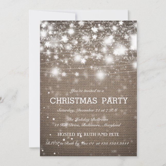 Rustic Burlap Christmas Party Shining Stars Invitation (Front)