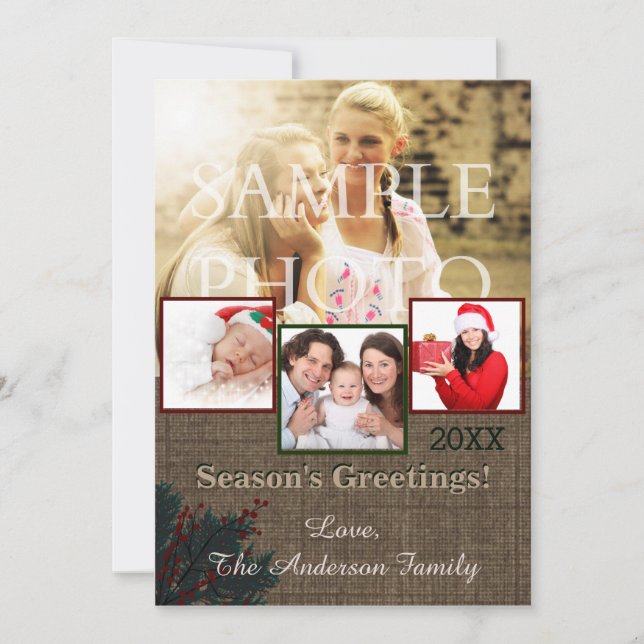 Rustic Burlap Collage Holiday Photo Card (Front)