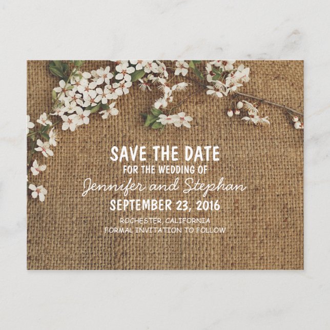 Rustic Burlap Country Save The Date Announcement Postcard (Front)