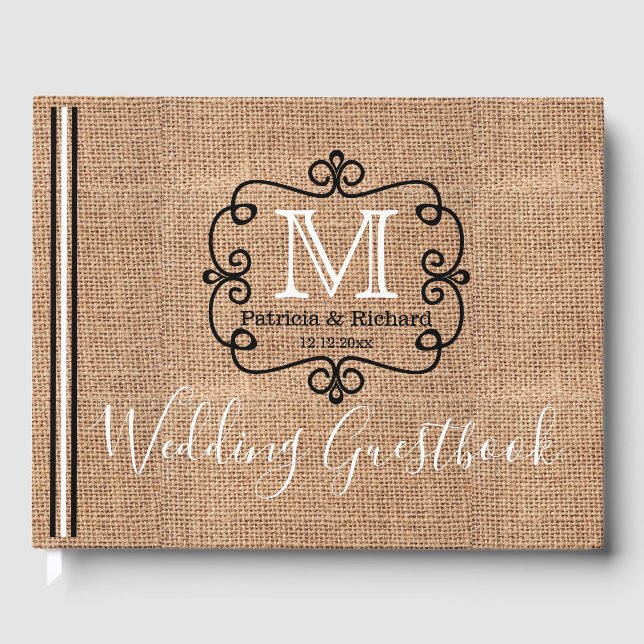 Rustic Burlap Country Wedding Monogram Guest Book (Front)