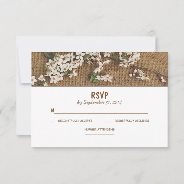 Rustic burlap country wedding RSVP cards (Front)