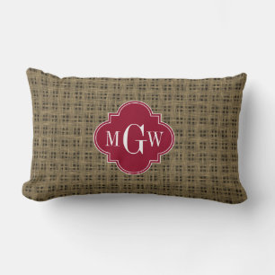 Rustic Burlap Cranberry Quatrefoil 3 Monogram Lumbar Cushion