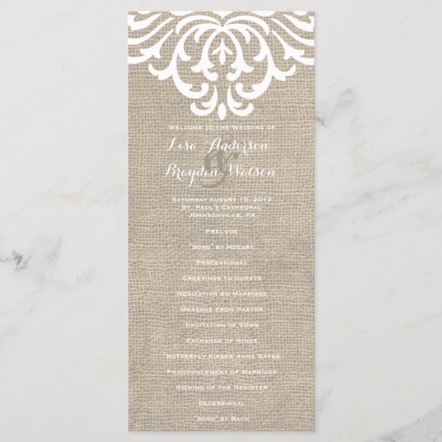 Rustic Burlap Damask Vintage Wedding Program (Front)