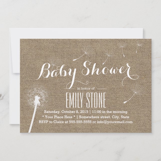 Rustic Burlap Dandelion Baby Shower Invitations (Front)