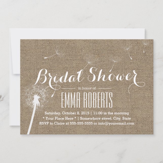 Rustic Burlap Dandelion Blowing Bridal Shower Invitation (Front)