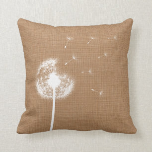Rustic Burlap Dandelion Throw Pillow