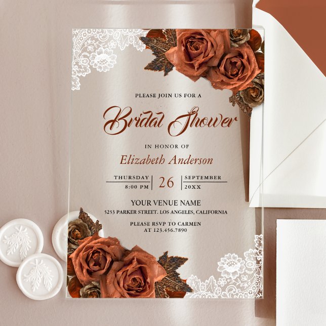 Rustic Burlap Dusty Terracotta Rose Bridal Shower Acrylic Invitations (Creator Uploaded)