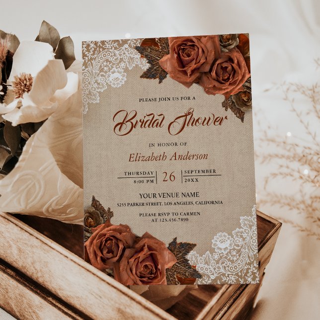 Rustic Burlap Dusty Terracotta Rose Bridal Shower Invitation (Creator Uploaded)
