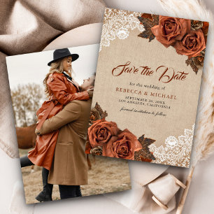 Rustic Burlap Dusty Terracotta Rose Wedding Photo Save The Date