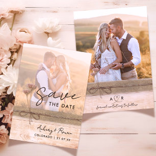 Rustic Burlap Eco Wood Blush Wildflower Boho Photo Save The Date