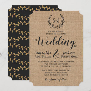 Rustic Burlap Elegant Black Typography Wedding Invitation