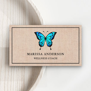 Rustic Burlap Elegant Blue Butterfly Business Card