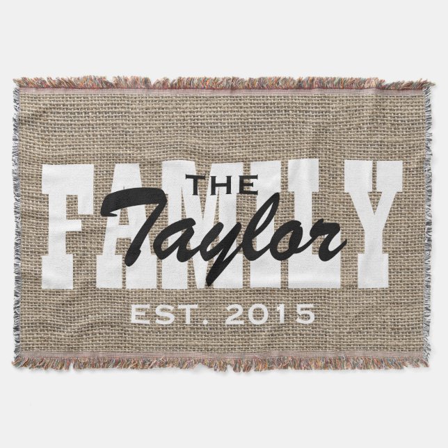 Rustic Burlap Family Name Family Established Throw Blanket (Front)