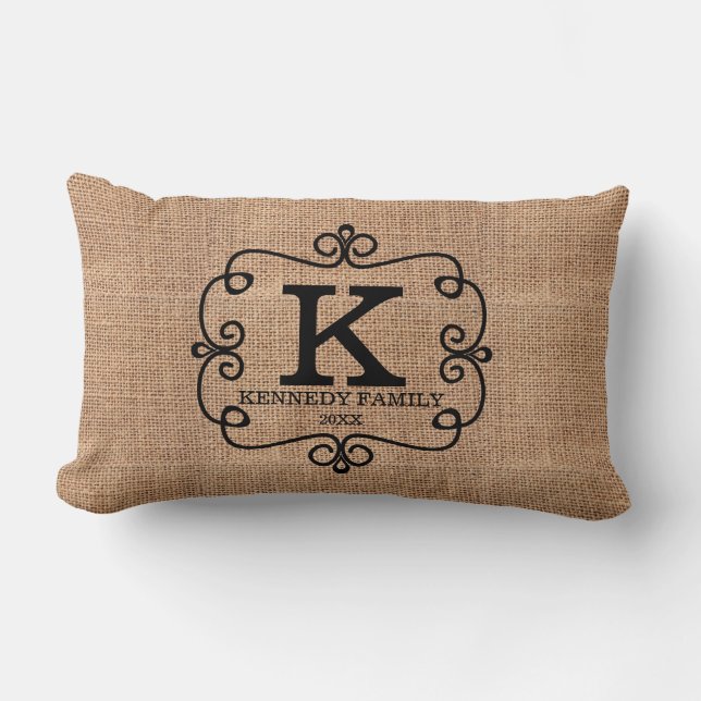 Rustic Burlap Family Name Monogram Lumbar Cushion (Front)