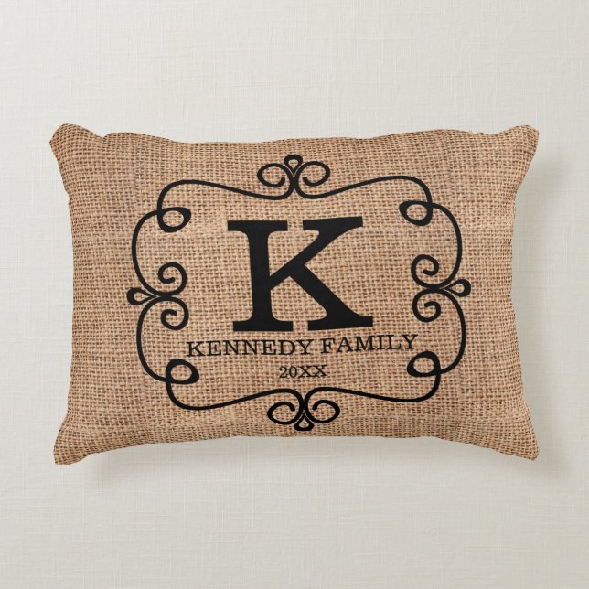 Rustic Burlap Family Name Monogrammed Decorative Cushion (Front)