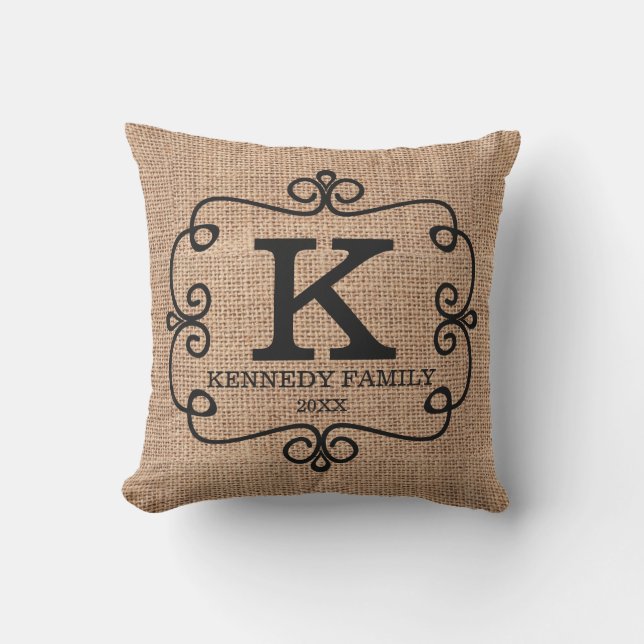 Rustic Burlap Family Name Monogrammed Outdoor Cushion (Front)