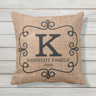 Rustic Burlap Family Name Monogrammed Outdoor Cushion