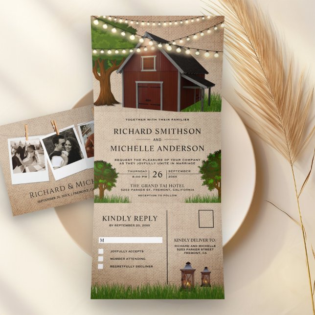 Rustic Burlap Farm Red Barn String Lights Wedding Tri-Fold Invitation (Creator Uploaded)
