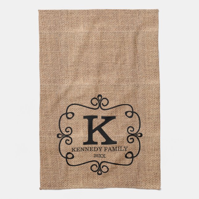 Rustic Burlap Farmhouse Family Name Monogrammed Tea Towel (Vertical)